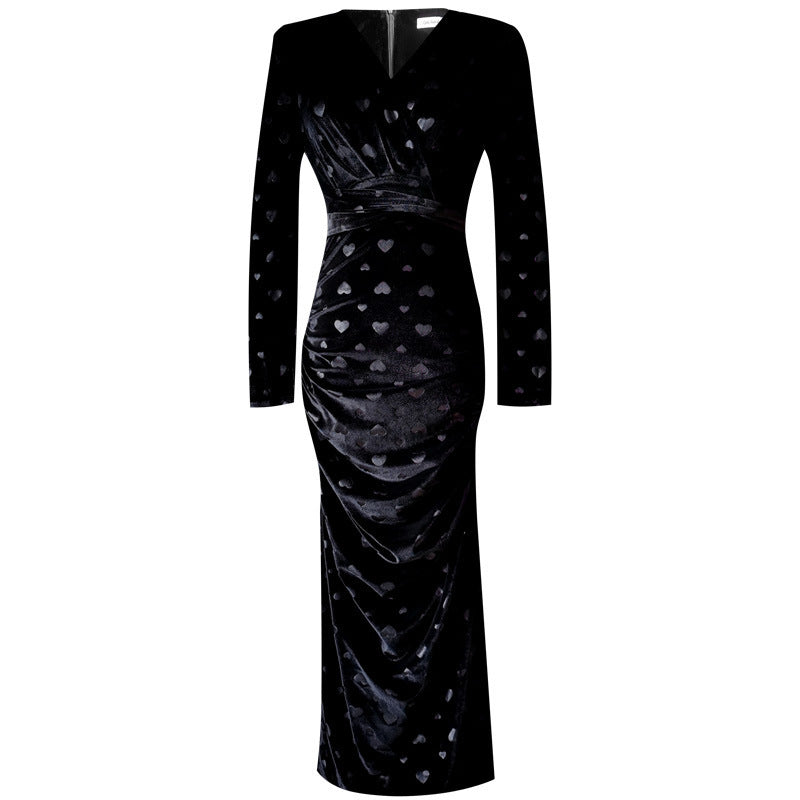 Women's Elegant Gold Velvet Long Sleeve Mid-Length Dress