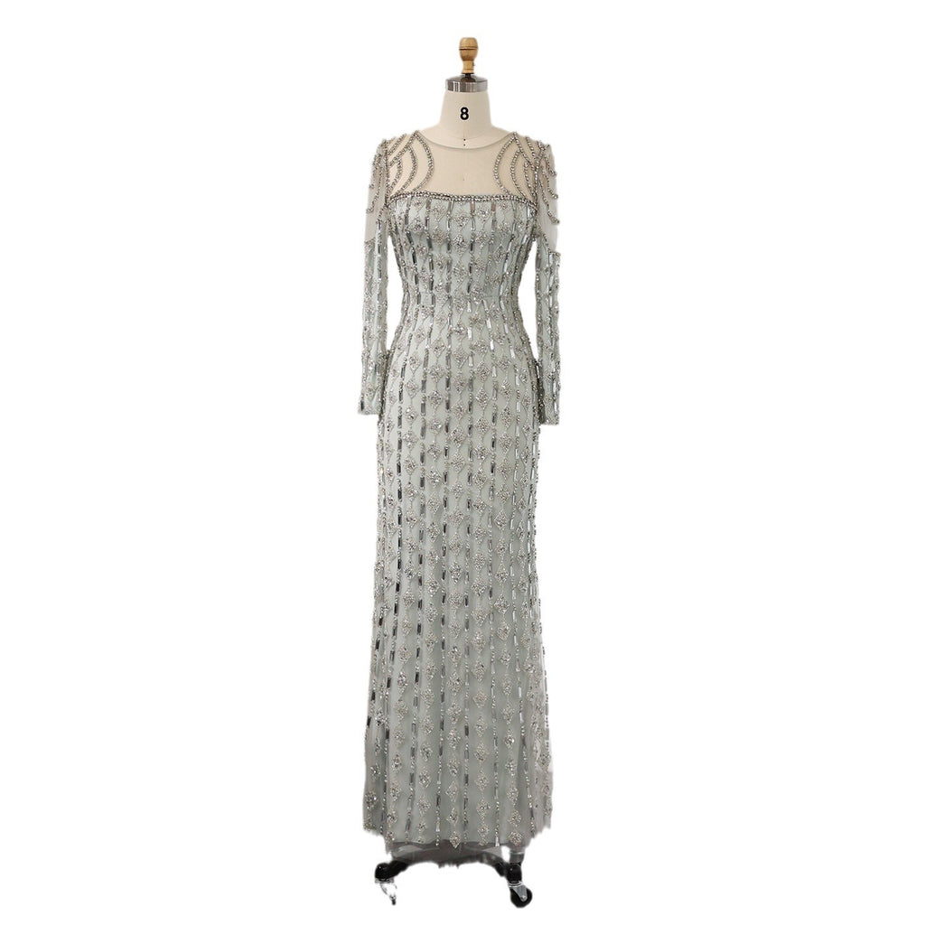 Robe longue queue de poisson grise ajustée avec dentelle et manches longues
