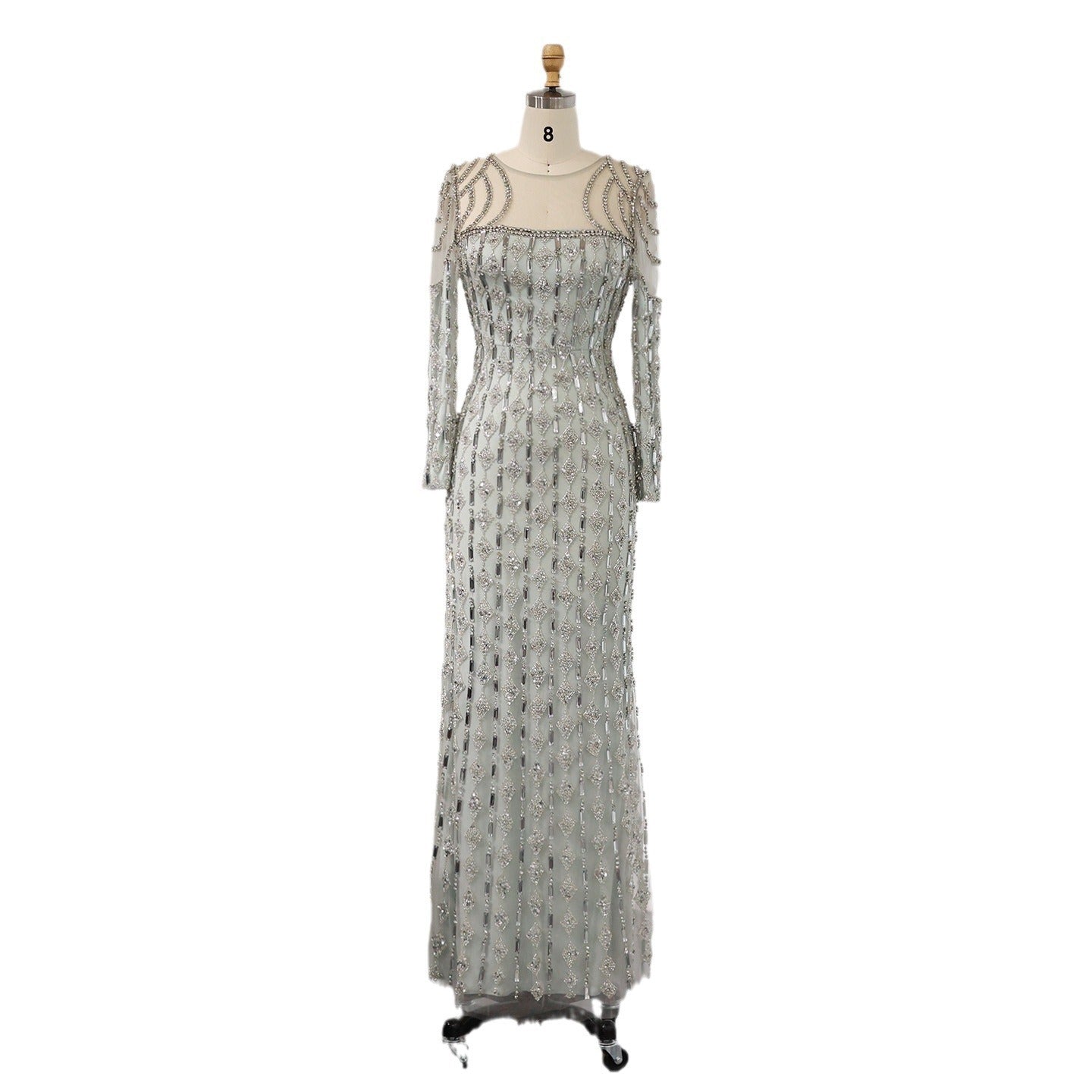 Robe longue queue de poisson grise ajustée avec dentelle et manches longues