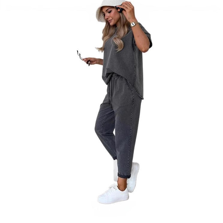 Solid Color Short-Sleeve Cropped Pants Casual 2-Piece Set
