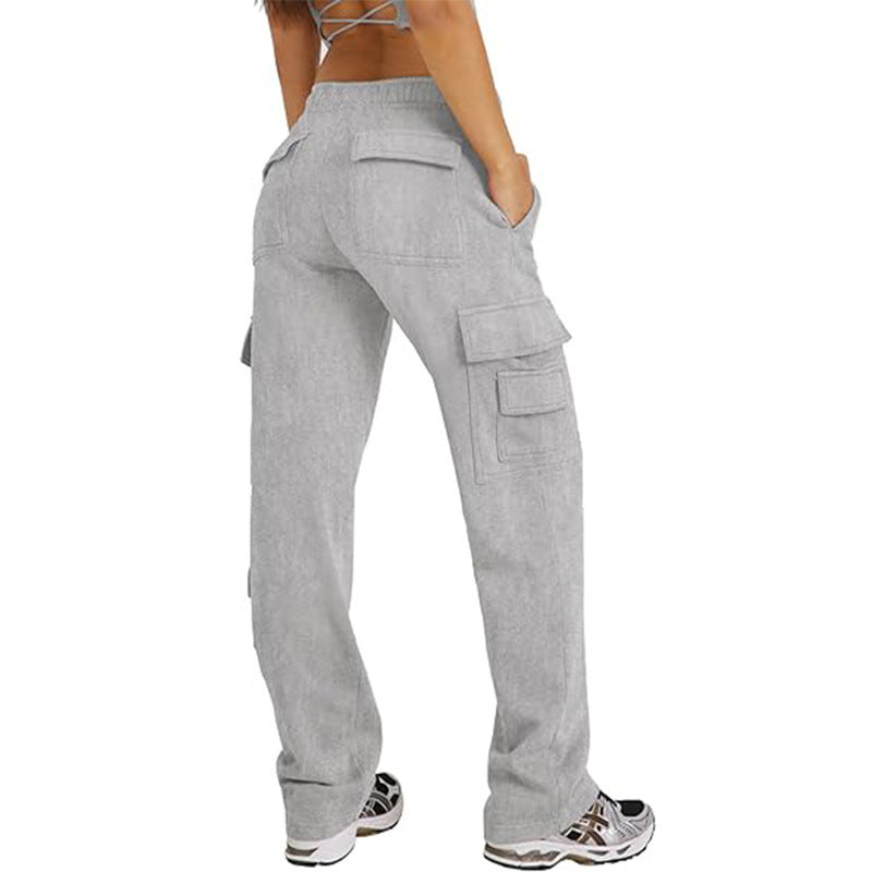 Pantalon cargo taille haute multi-poches coupe ample jambes larges sport