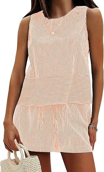 Vertical Striped Waist Round Neck Sleeveless Suit