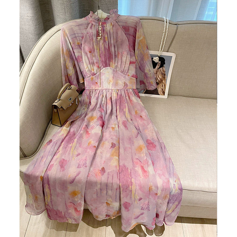 Tea Break Pink Floral Chiffon A-Line Dress