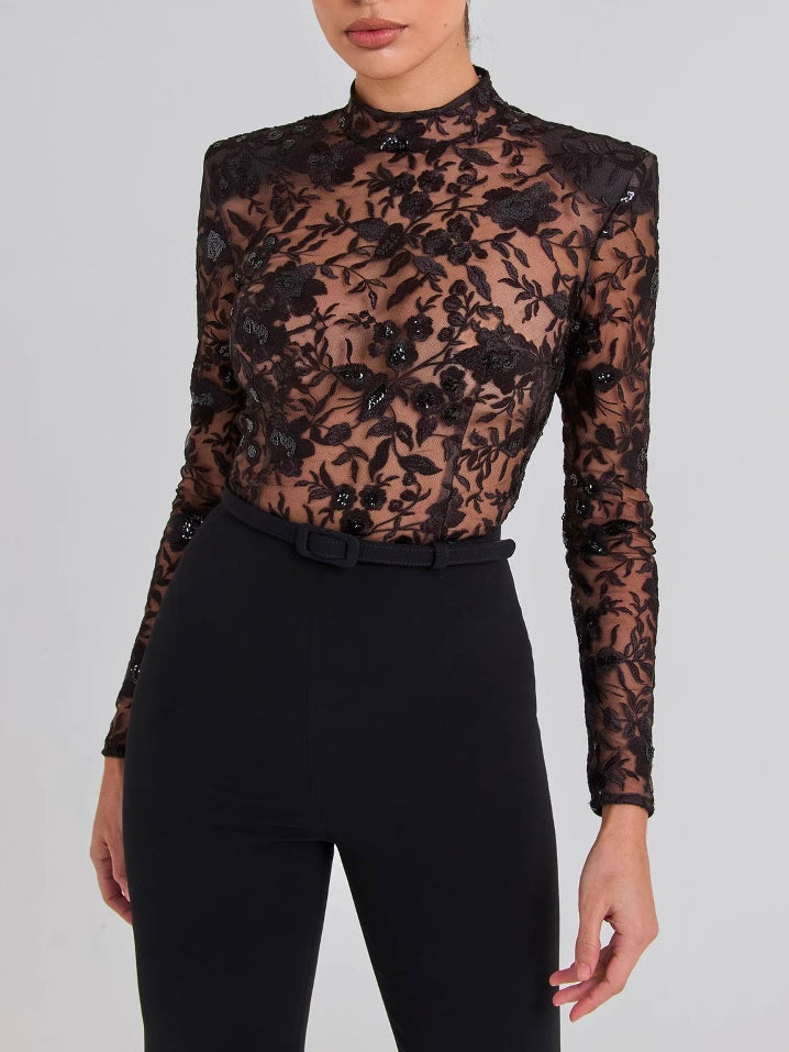 Black See-Through Lace Long-Sleeve Trousers Jumpsuit