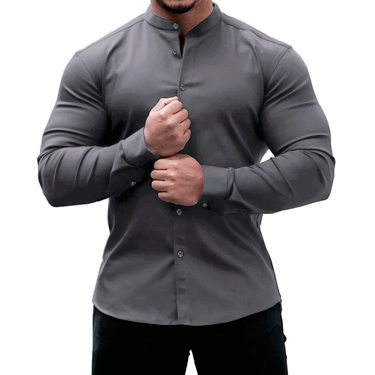 Men's Casual Long Sleeve Slim Button-Down Shirt Solid Colors Polyester