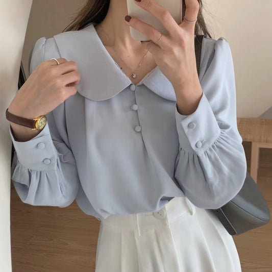 Doll Collar Chiffon Shirt Puff Sleeve Top