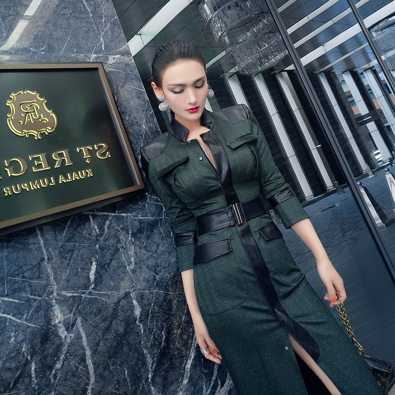 فستان من البوليستر بسحاب وتصميم أخضر بأسلوب المشاهير