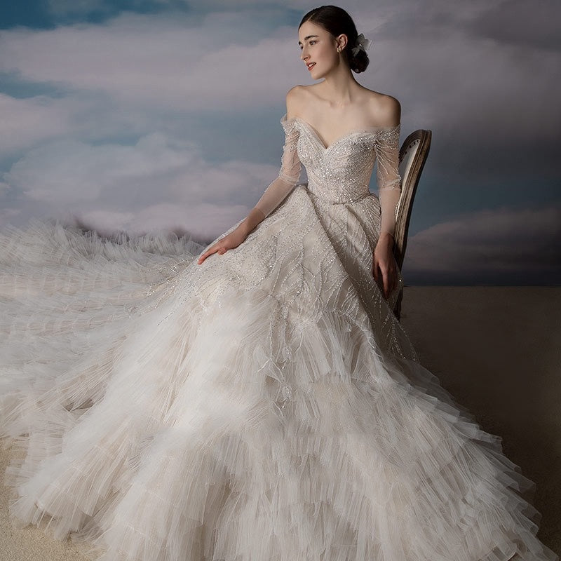 Women's Fashion Simple Long-Sleeve One-Shoulder Princess Dress