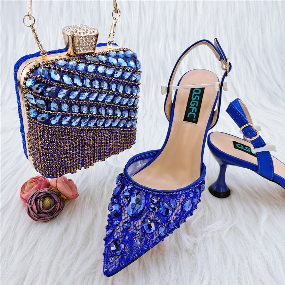 Ladies' High Heel Party Sandals with Diamond Bag Set
