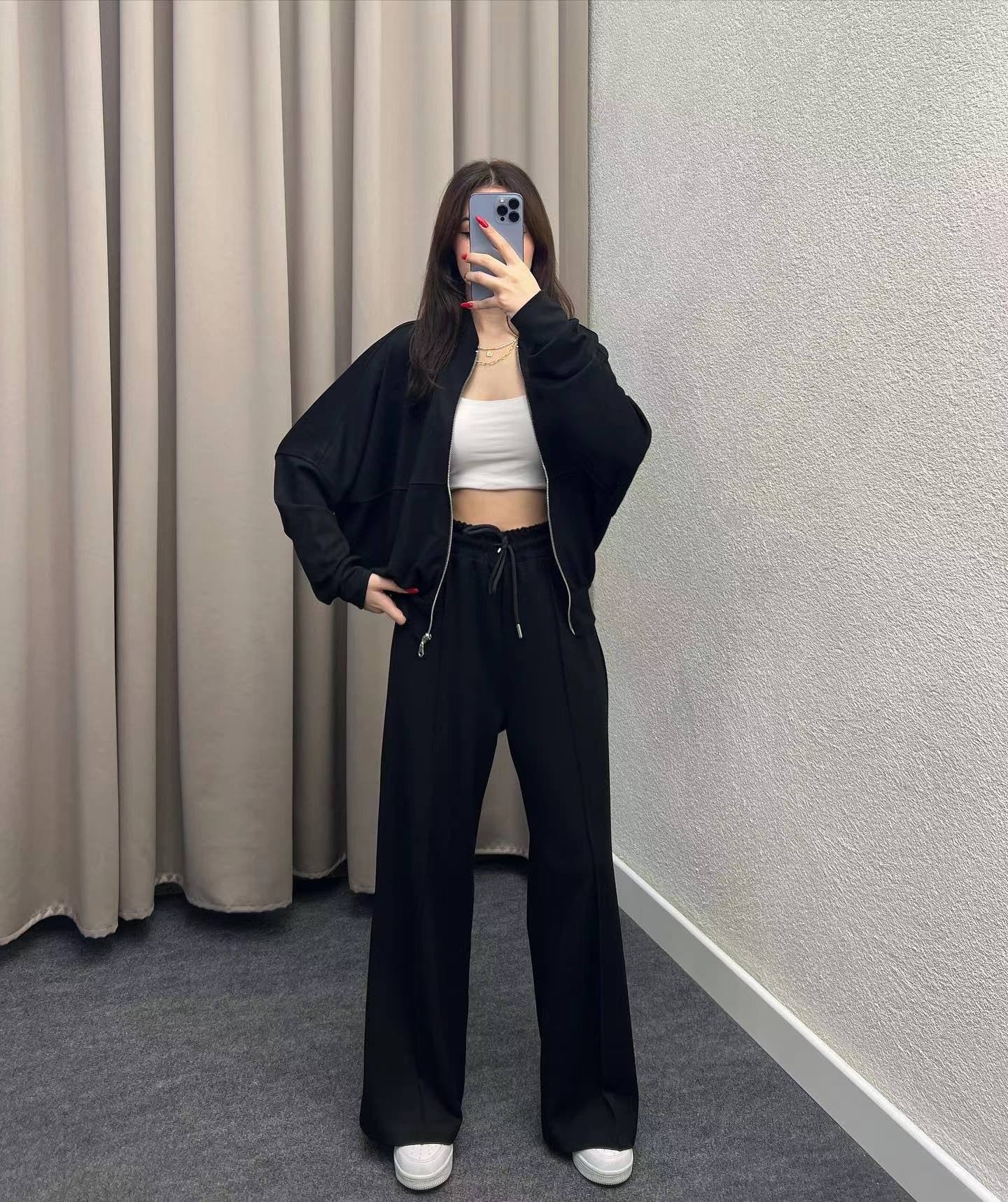 Solid Color Gray Polyester Zip Sweater & Casual Trousers Suit for Women
