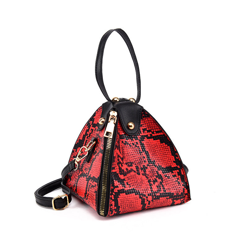 Small Triangle Handbag PU Zipper Bag with Snakeskin & Leopard Patterns