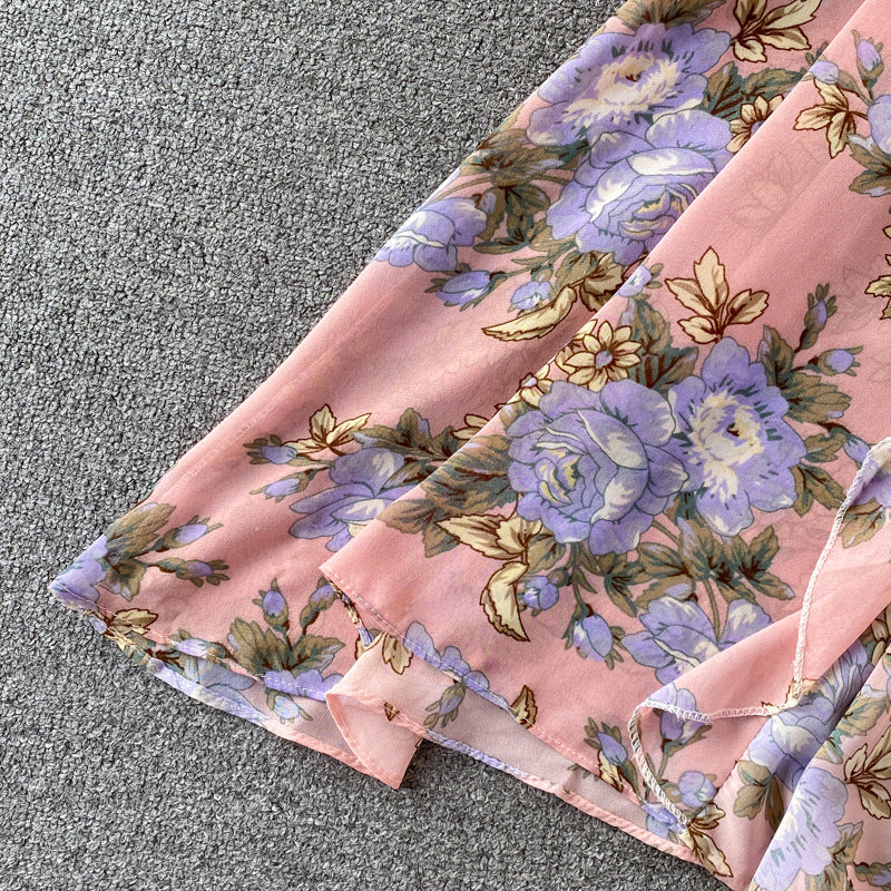 Women's V-Neck Floral Chiffon Dress One Size