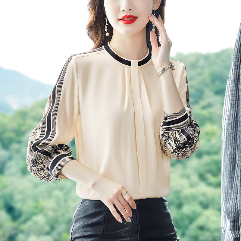 Women's Apricot Printed Mulberry Silk Satin Long Sleeve Shirt Slimming Spring Top