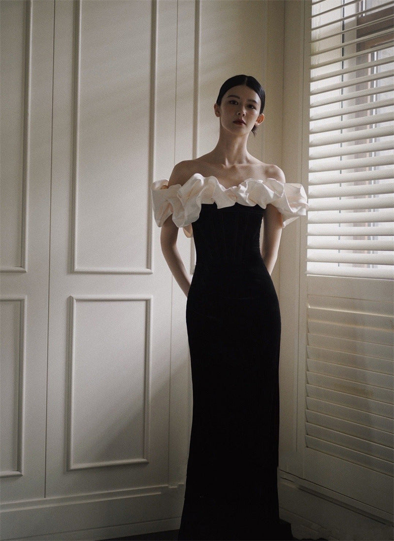 Robe de Soirée et de Mariée Sirène en Satin Français Épaules Dénudées
