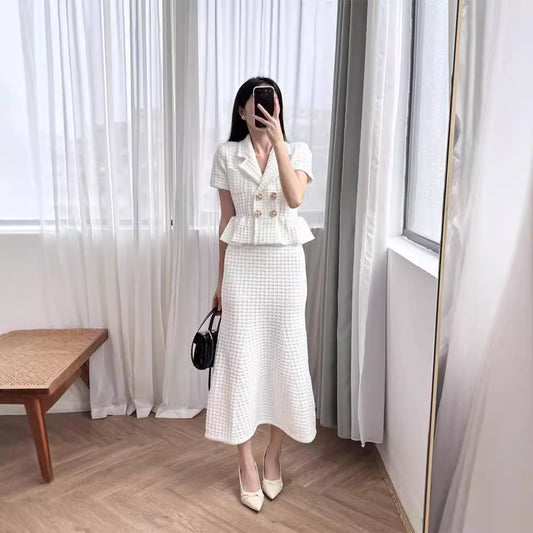 Classic Style Pure White V-neck Drill Buckle Dignified Hollow Knitted Dress