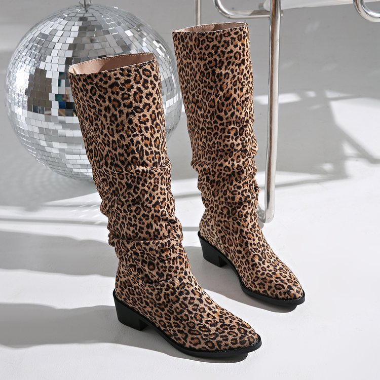 Fashion Square Toe Chunky Heel High Heel Leopard Print Boots