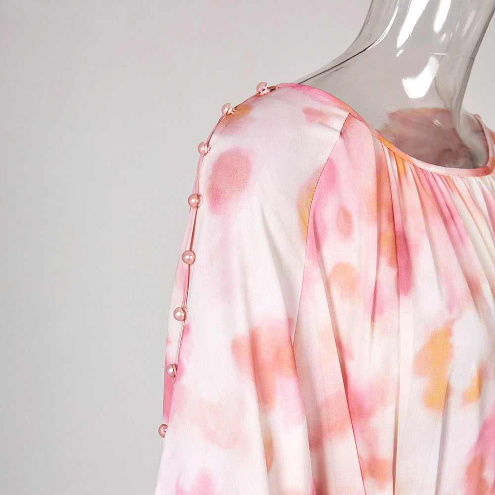 Robe de vacances rose à imprimé abstrait avec jupe ample pour femme