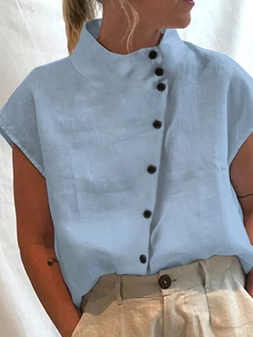 Chemise décontractée en coton et lin pour femme, col montant, coupe ample