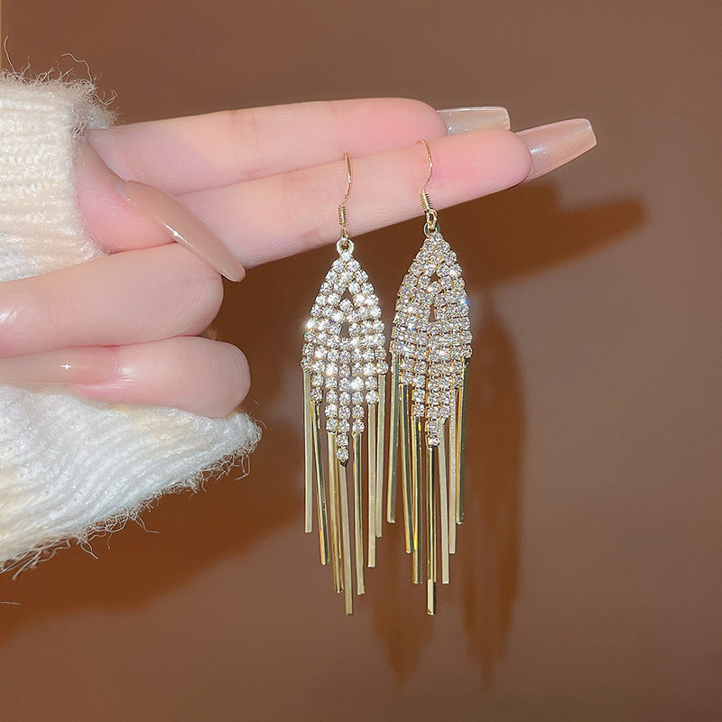 Silver Needle Exquisite Full Diamond Long Fringe Earrings