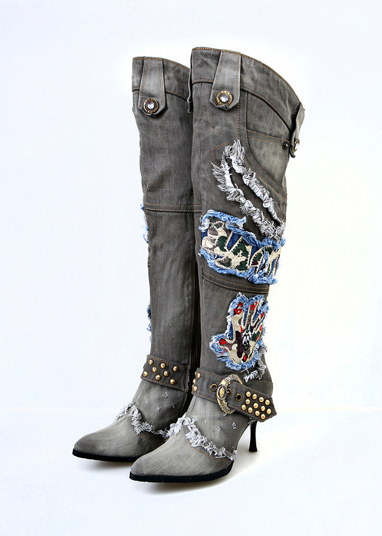 Bottes cuissardes en jean délavé à talons aiguilles pour femme