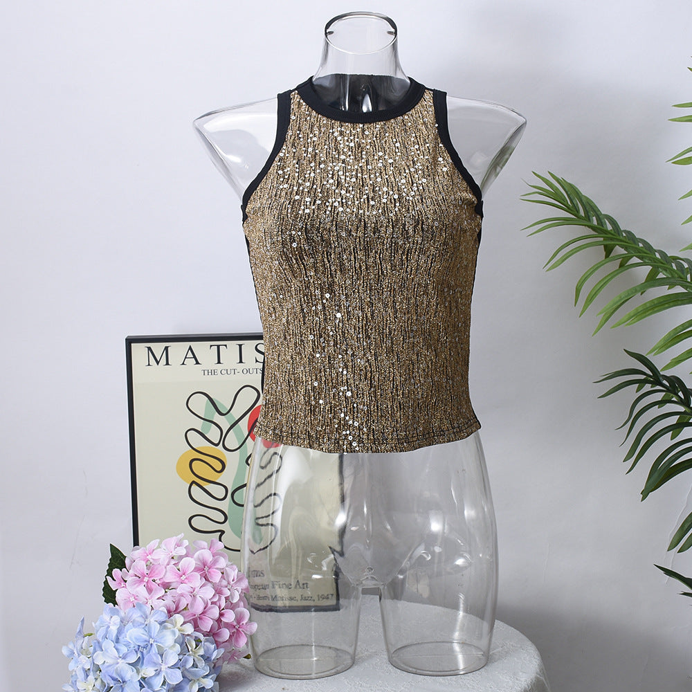 Gilet court sexy sans manches à sequins imprimé léopard