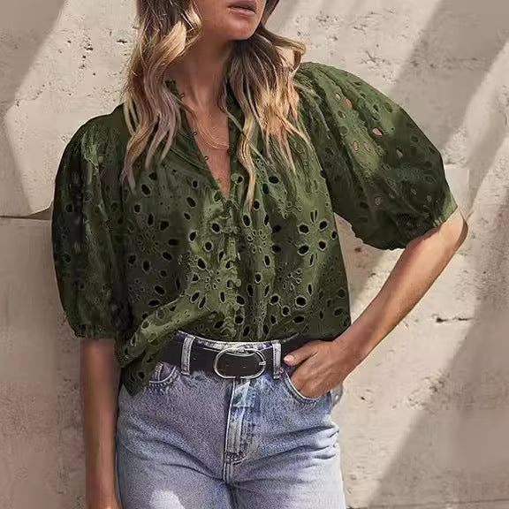 Women's Lantern Sleeve V-Neck Buttoned Hollow Lace Embroidered Shirt