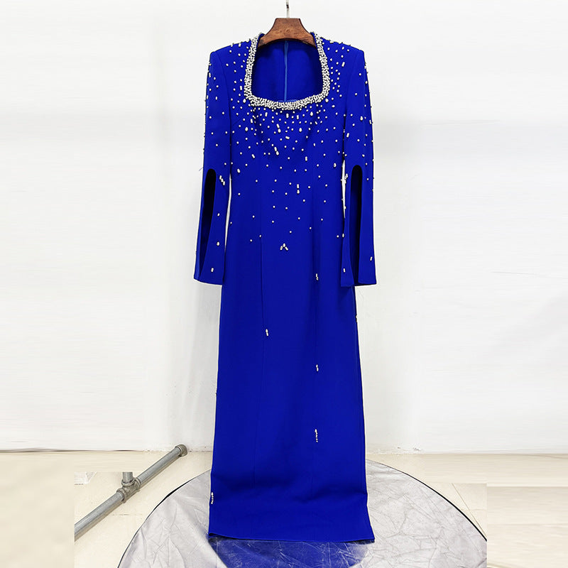 Embellished Beaded Long A-Line Dress with Slit Sleeve and Square Neckline
