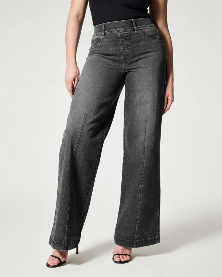 Jeans femme taille mi-haute jambe droite large avec taille haute élastique