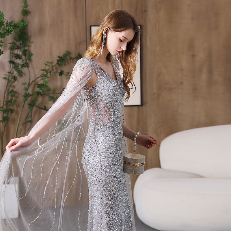 Silver Deep V-Neck Fishtail Evening Dress Slimming Banquet Gown