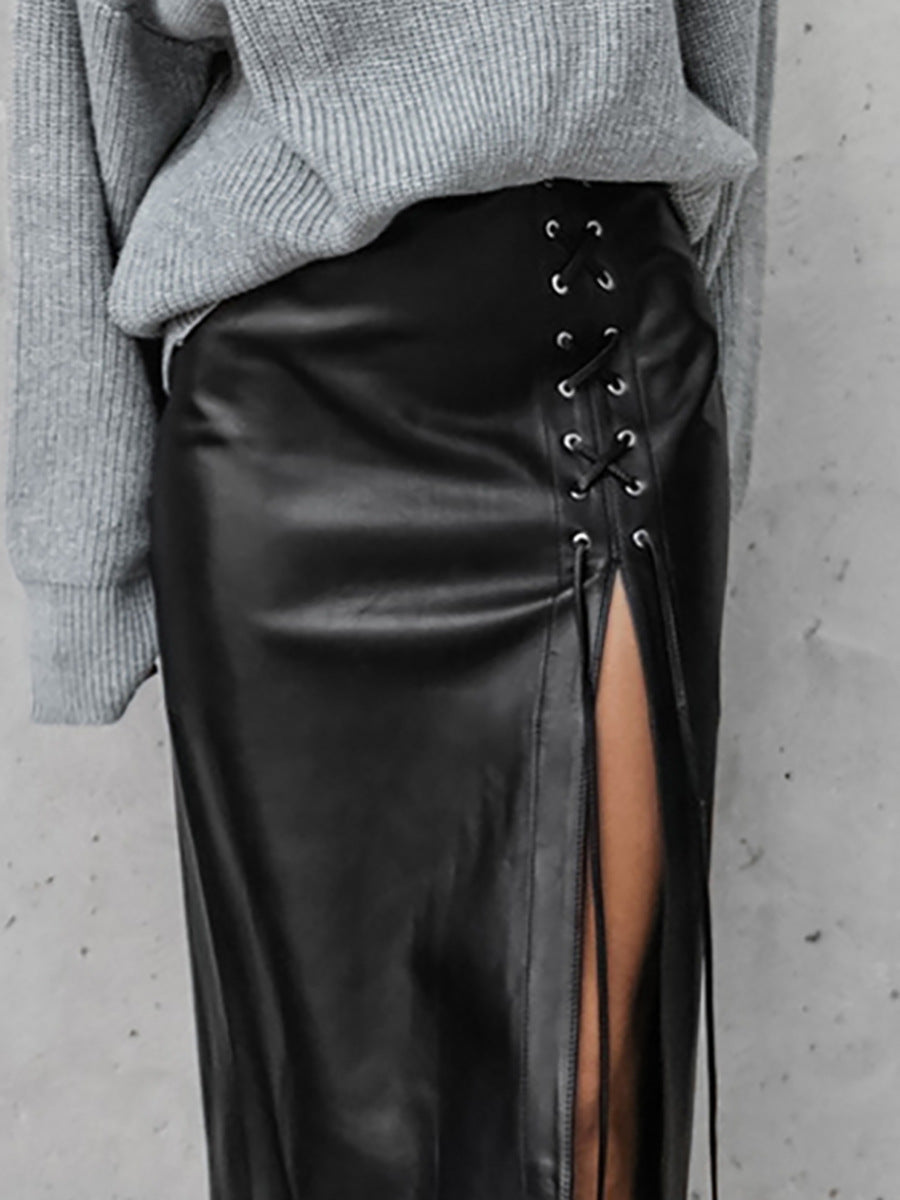 Punk Black Lace-Up PU Leather Mid-Length Skirt for Women