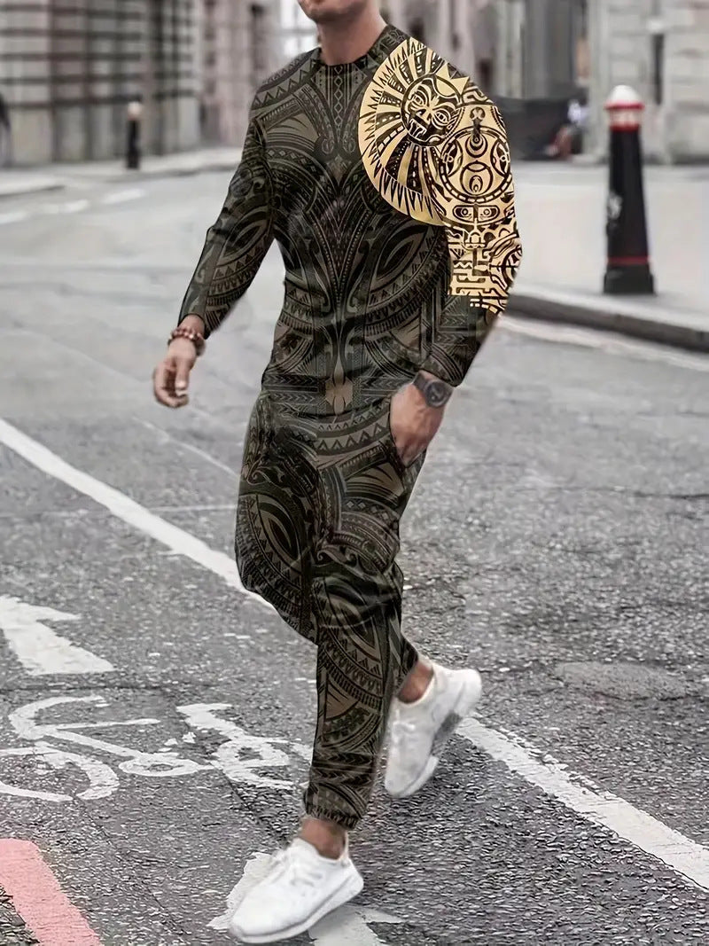 Men's 3D Digital Print Round Neck Sports Sweatshirt Suit