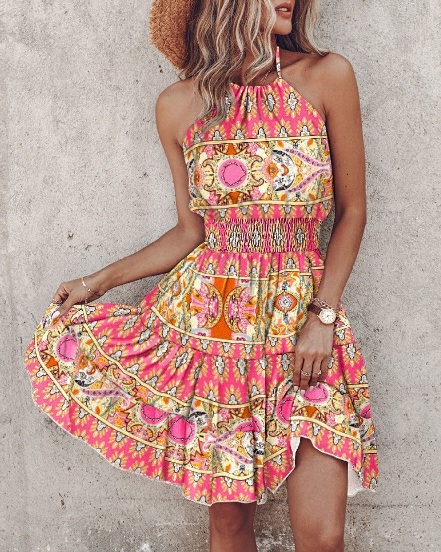 Summer European & American Printed Halter Women's Dress