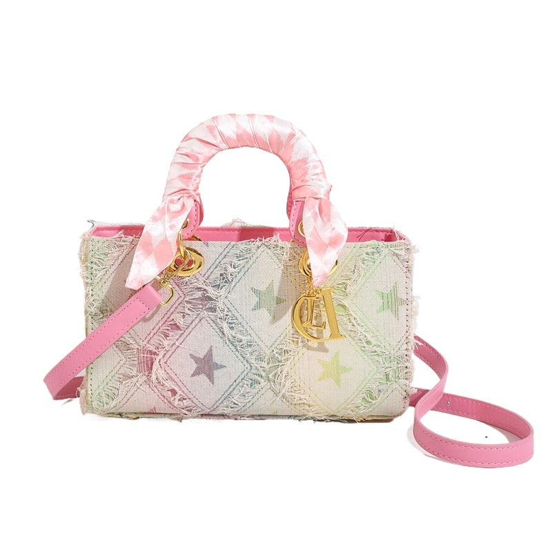 Denim Handbag Women's New-style Fashion Shoulder Niche Texture Rhombus Crossbody Bag