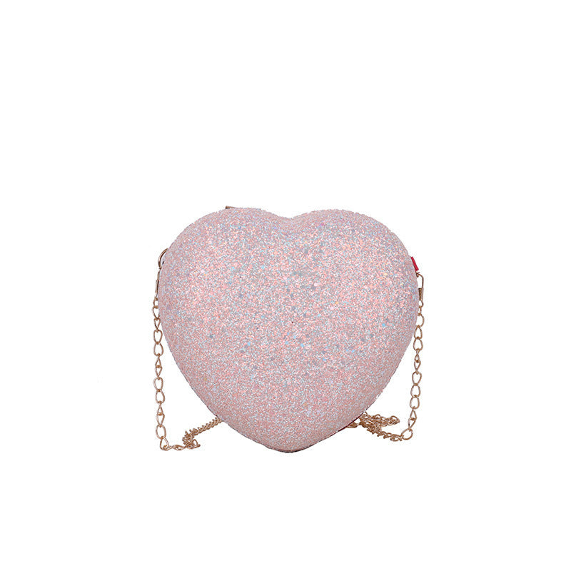 Shiny Crystal Peach Sequin Heart Chain Bag for Women