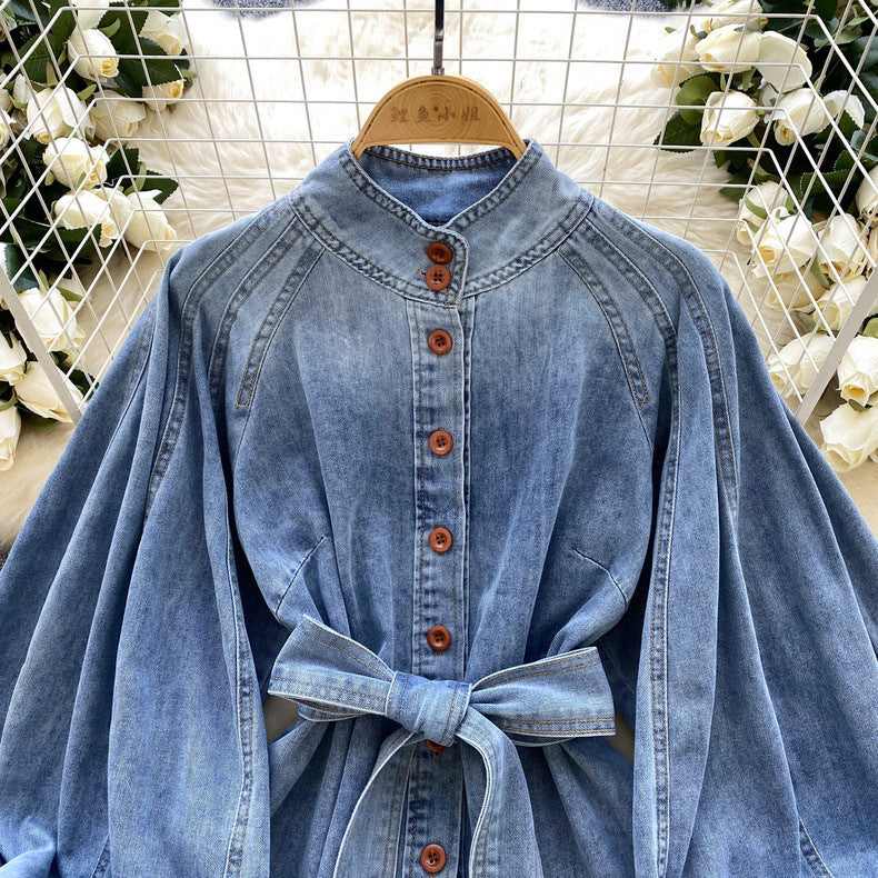 Retro Lace-Up Waist-Control Denim Top with Stand-Up Collar and Puff Sleeves