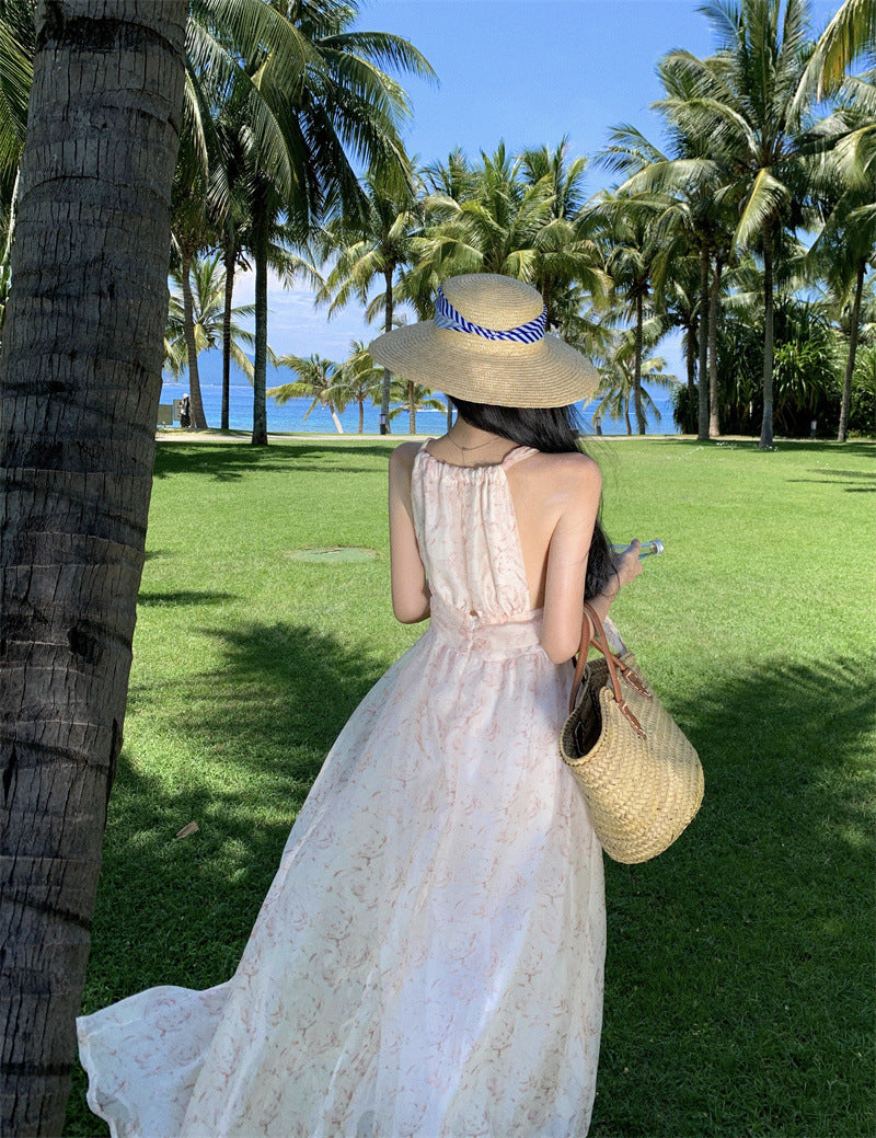 French Halter Lace-Up Sleeveless Off-Shoulder Floral Seaside Holiday Dress