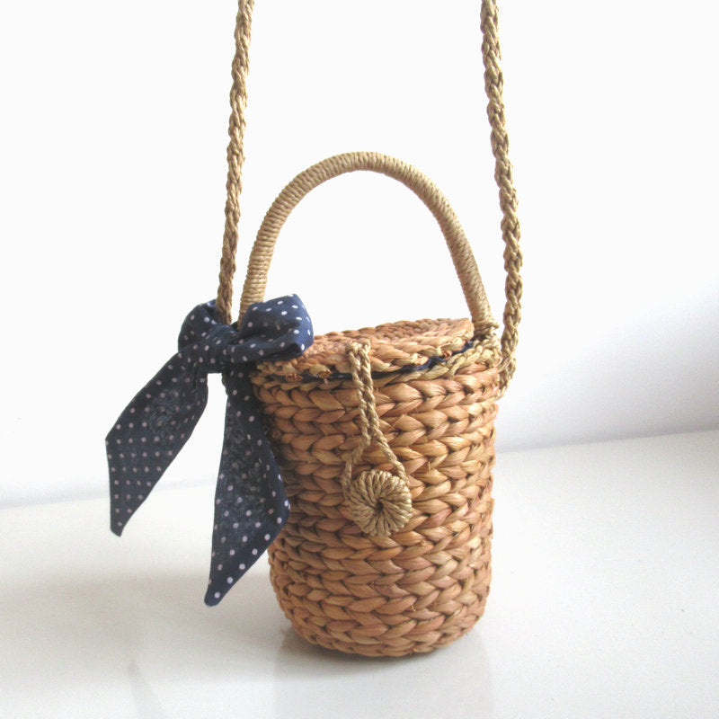 Small Cylinder Light Coffee Corn Fur Woven Bag with Bow
