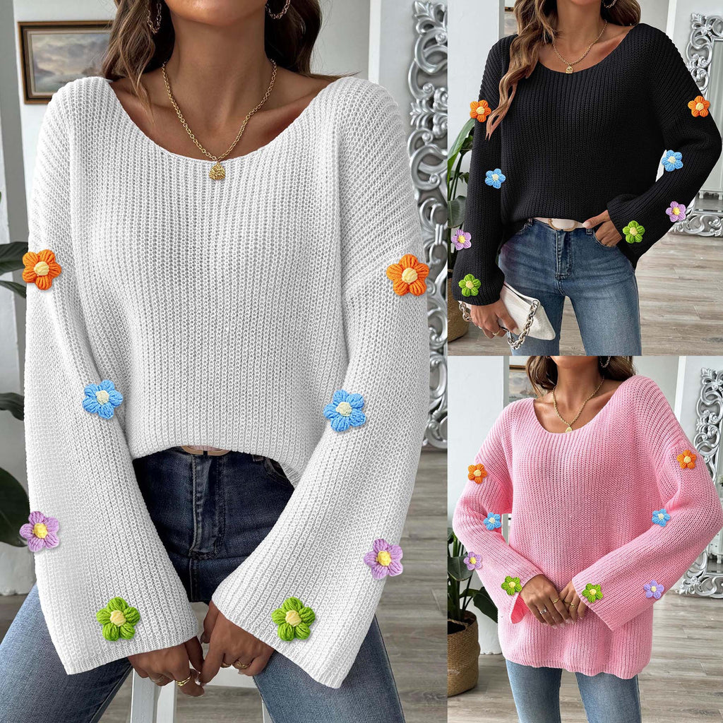 Womens Hand-Crocheted Floral Patchwork Flare Sleeve Sweater