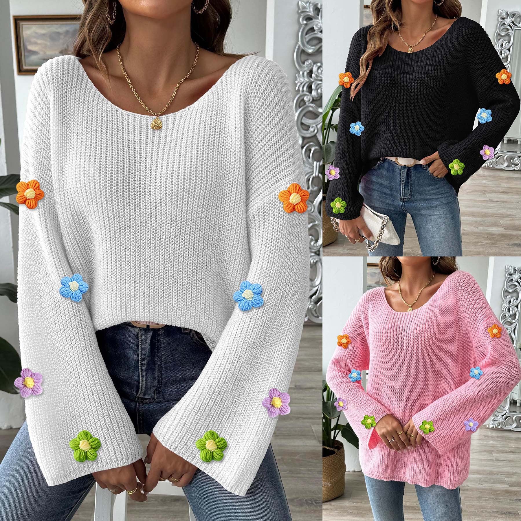 Womens Hand-Crocheted Floral Patchwork Flare Sleeve Sweater