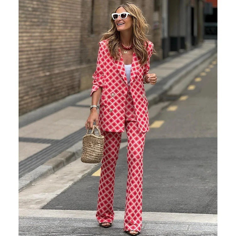 Women's Digital Print Long-Sleeve Cardigan & Trousers Suit