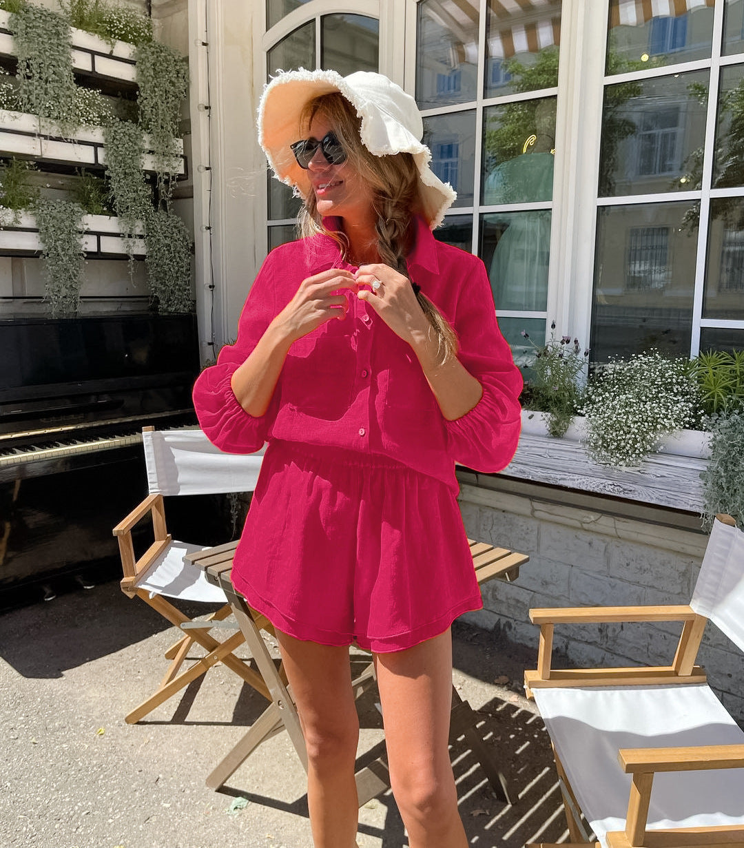 Cotton And Linen Suit Women's Long Sleeves Shorts Two-piece Set