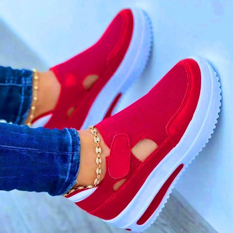 Breathable Flat Fly Knit Mesh Casual Shoes with Velcro Closure