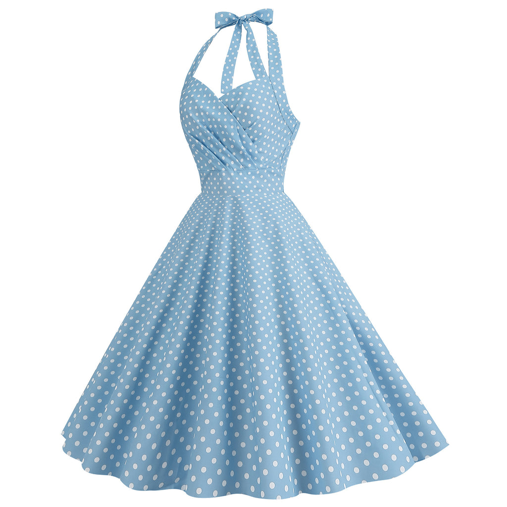Robe Swing Imprimée Rétro Sexy Moulante à Col Halter et Poitrine Enveloppante