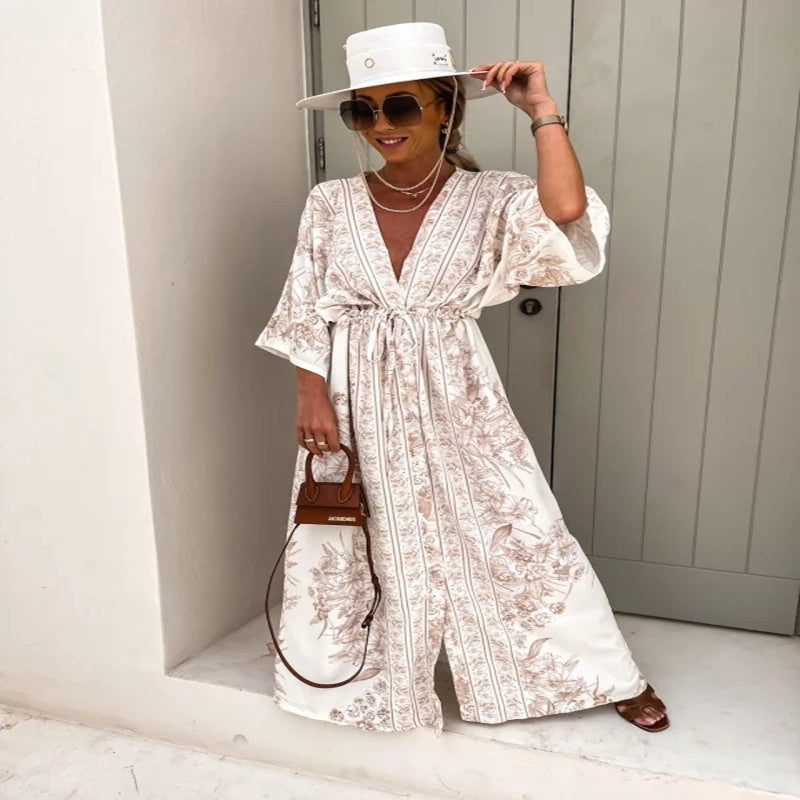 Spring Summer V-Neck Short Sleeve Printed Long Swing Skirt