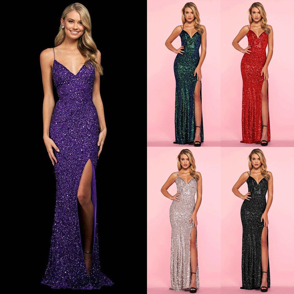 Summer Sexy European American Sequins Backless Dress
