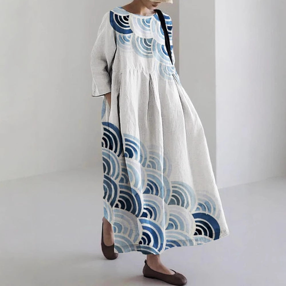 Robe trapèze décontractée mi-longue pour femme avec imprimé numérique 3D et encolure ronde