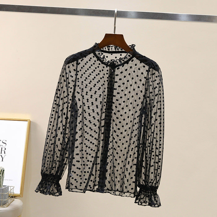 Women's Milk Tea Polka Dot Mesh Long Sleeve Shirt