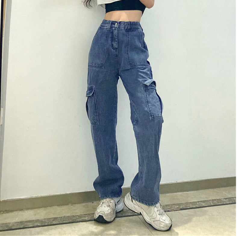 Pantalon droit multi-poches taille haute style workwear