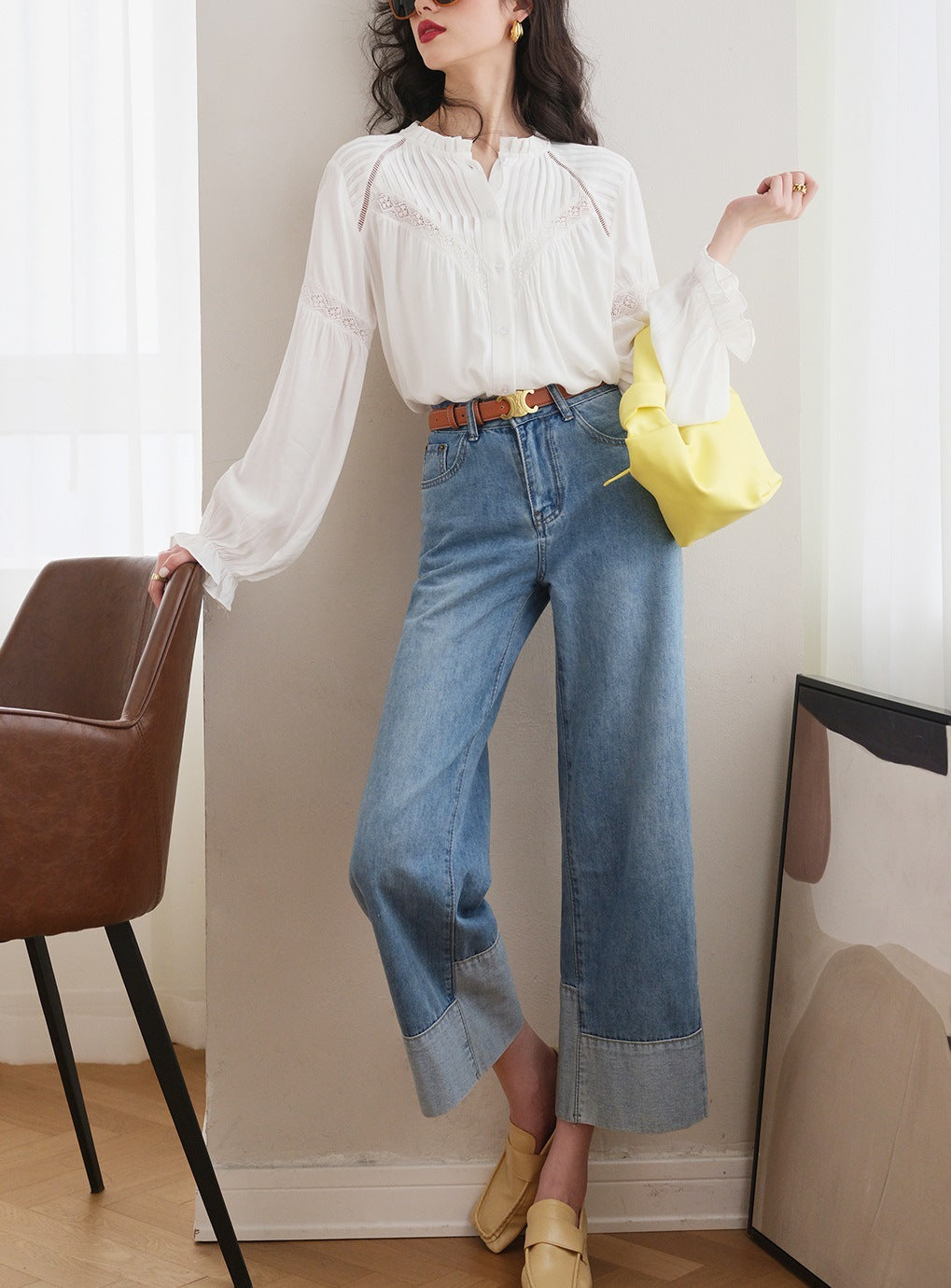 White Patchwork French Style Shirt with Lantern Sleeves