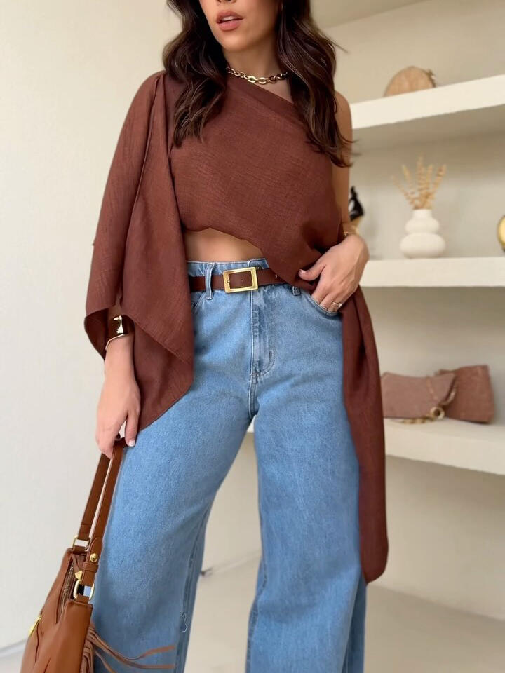 Brown Off Shoulder Loose Fit Crop Top